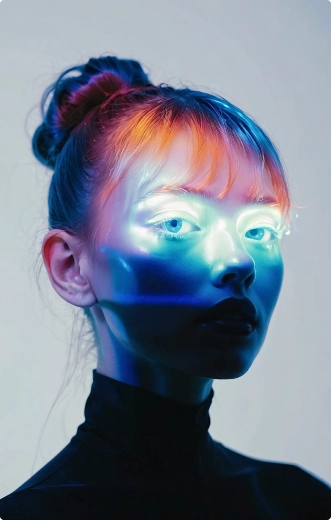 Portrait of a woman with hair in a bun lit by colorful blue and orange light on her face.