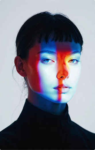 Woman's face lit with blue and red vertical light bands against a light gray background.