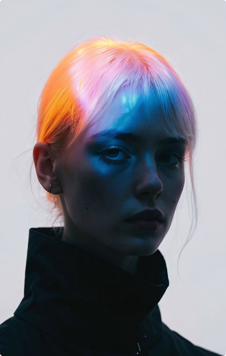 Young person with short hair lit by vibrant orange and blue lighting against a plain background.