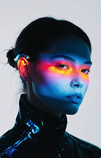 Young woman with colorful light patterns on her face, wearing a black shiny jacket.