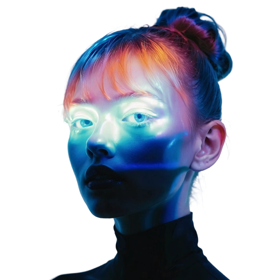 Young woman with hair bun lit by colorful blue and orange neon lights on her face against black background.