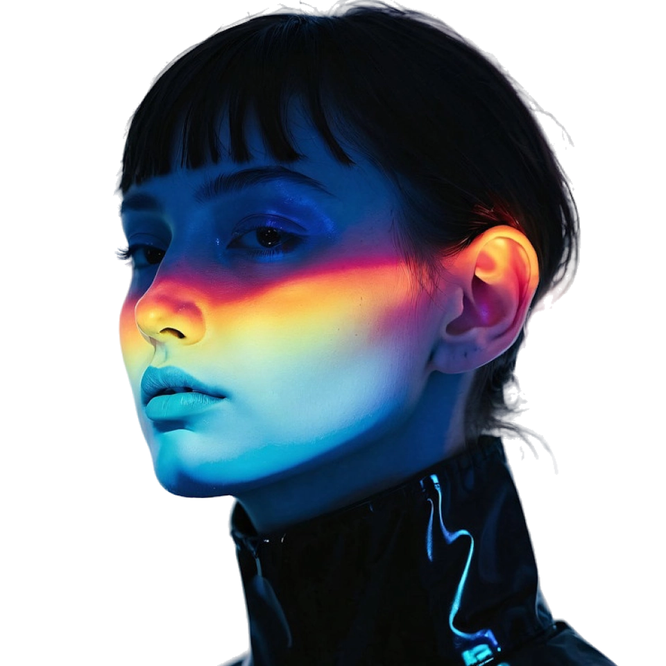 Profile of a woman with short hair illuminated by a vibrant rainbow-colored light across her face.