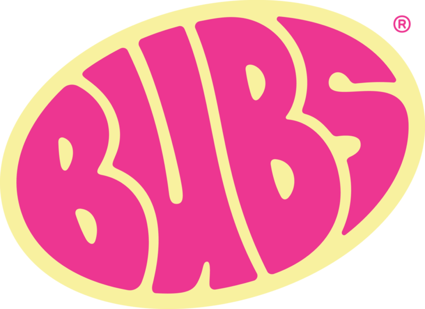 The BUBS logo: pink bubble-style lettering spelling "BUBS" inside a cream-yellow oval outline, with a registered trademark symbol, on a white background.
