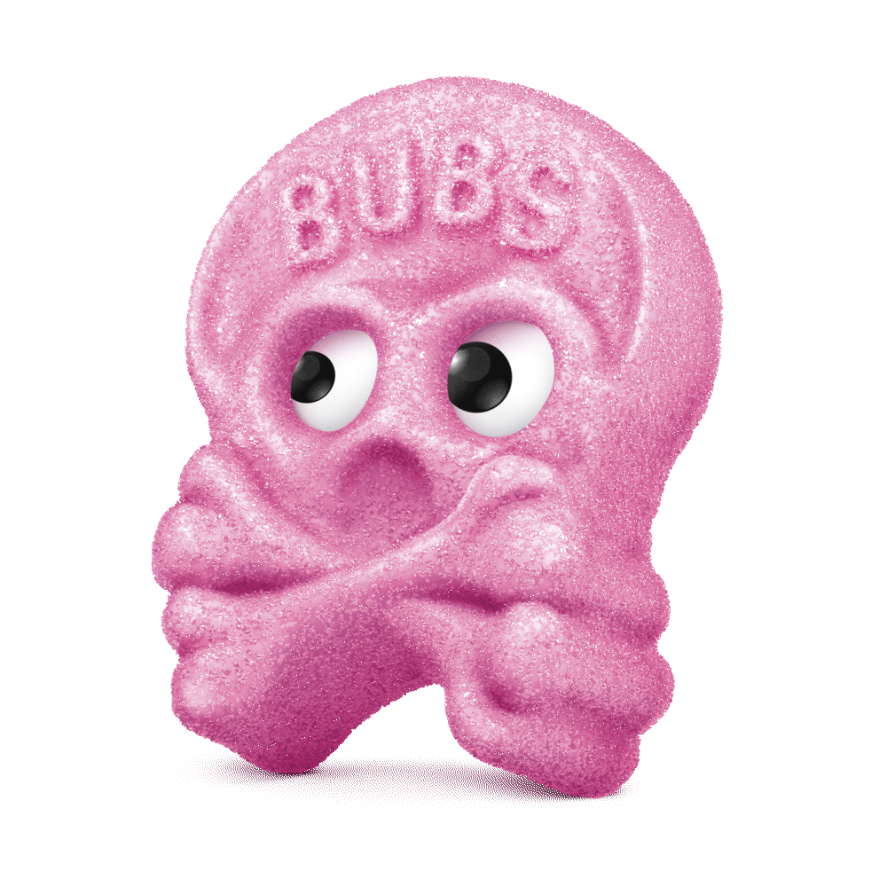 Animated pink sugar-coated skull-shaped BUBS candy character with googly eyes and crossed bones beneath, an embossed BUBS logo across the top, wobbling gently against a white background.