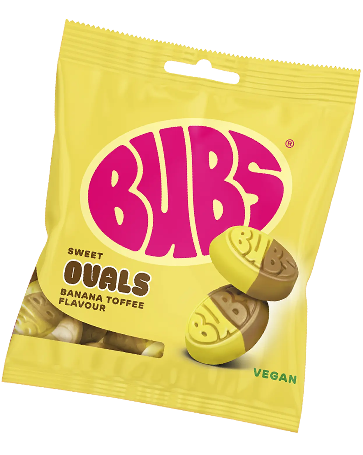 Yellow BUBS candy bag with pink logo, labelled "Sweet Ovals – Banana Toffee Flavour, Vegan." Two oval candies with embossed BUBS logos, each half yellow and half brown, sit to the right.