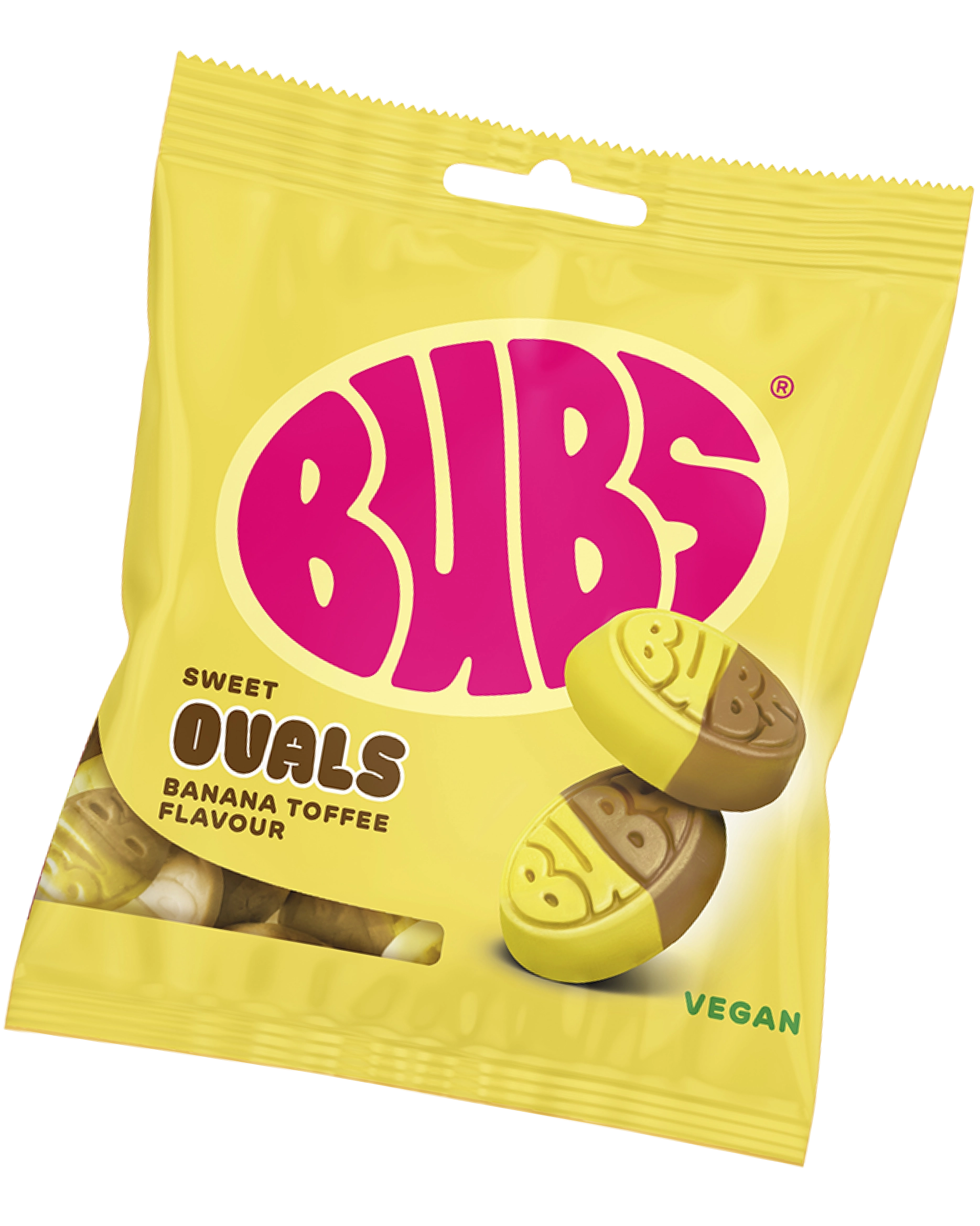 Yellow BUBS candy bag with pink logo, labelled "Sweet Ovals – Banana Toffee Flavour, Vegan." Two oval candies with embossed BUBS logos, each half yellow and half brown, sit to the right.