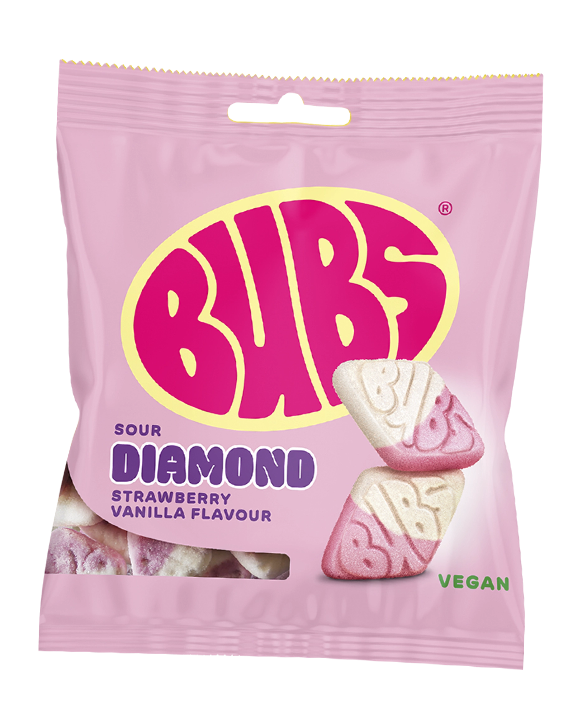 Pale pink BUBS candy bag with pink logo, labelled "Sour Diamond – Strawberry Vanilla Flavour, Vegan." Two diamond-shaped candies with embossed BUBS logos, each half white and half pink, sit to the right.