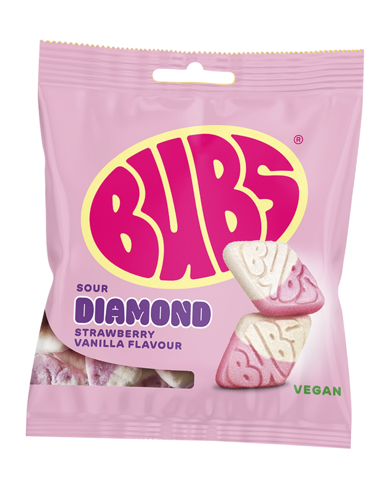 Pale pink BUBS candy bag with pink logo, labelled "Sour Diamond – Strawberry Vanilla Flavour, Vegan." Two diamond-shaped candies with embossed BUBS logos, each half white and half pink, sit to the right.
