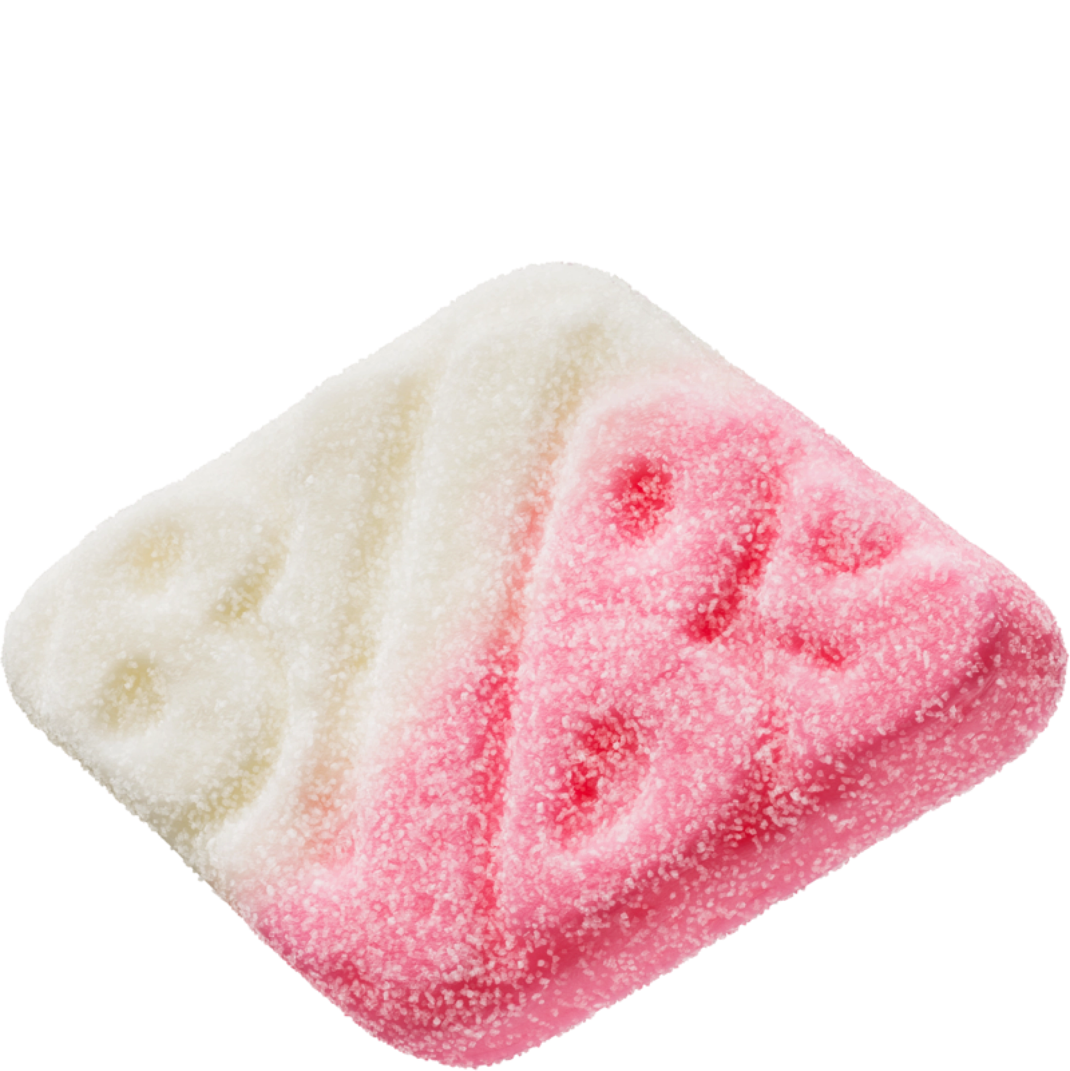 Close-up of a sugar-coated diamond-shaped BUBS candy with an embossed BUBS logo, the left half white and the right half pink, against a white background.