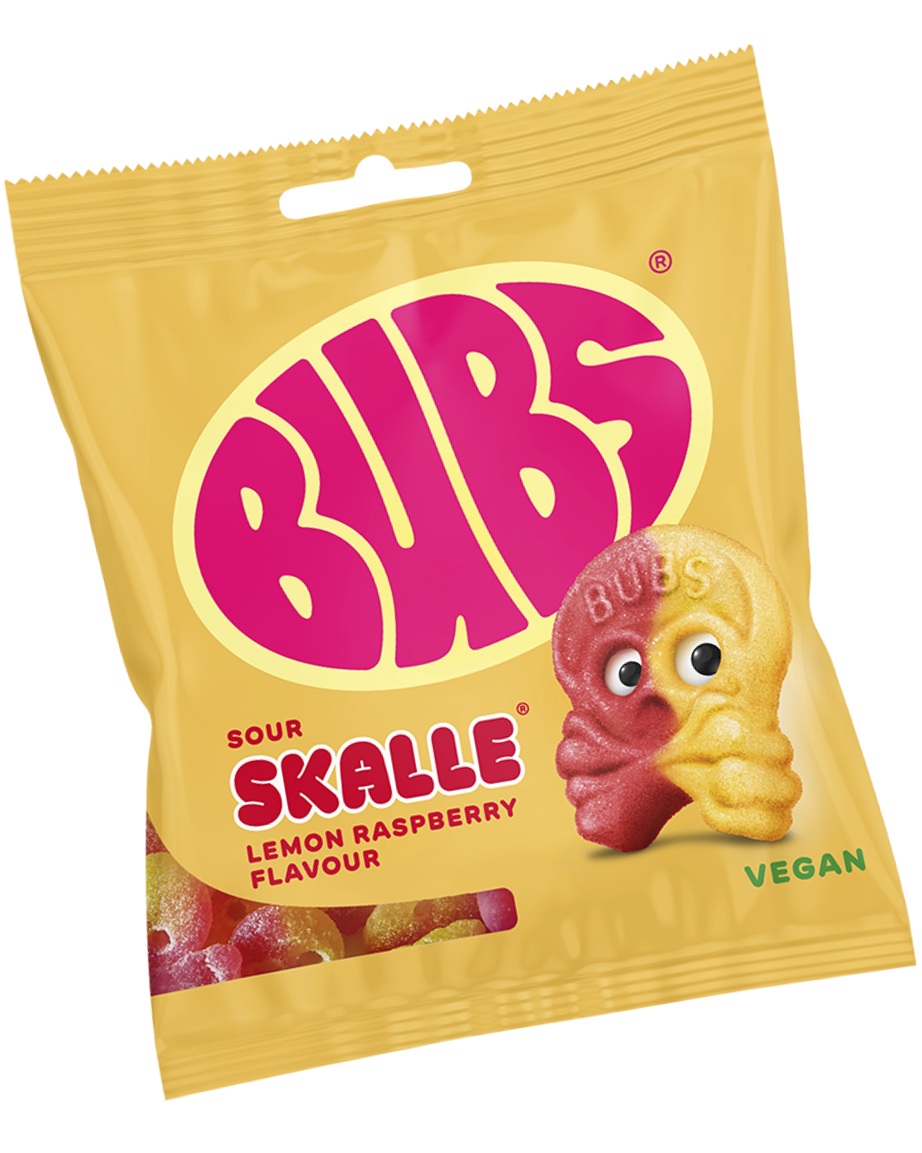 Golden-yellow BUBS candy bag with pink logo, labelled "Sour Skalle – Lemon Raspberry Flavour, Vegan." A sugar-coated skull-shaped candy with googly eyes, half red and half yellow, sits to the right.