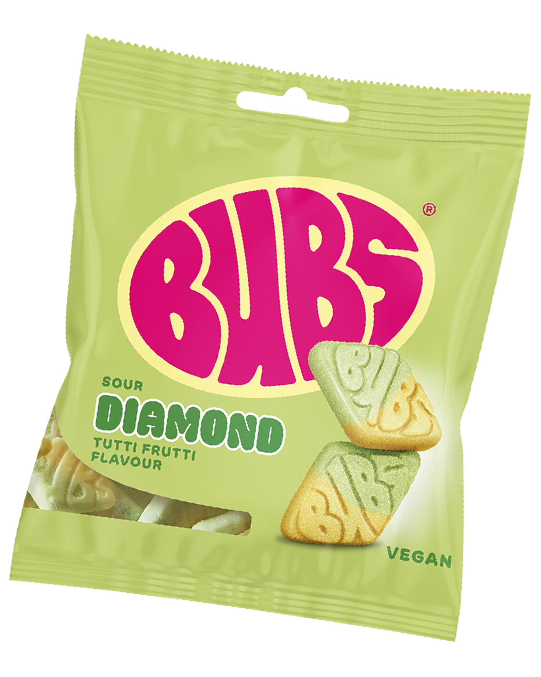 Light green BUBS candy bag with pink logo, labelled "Sour Diamond – Tutti Frutti Flavour, Vegan." Two diamond-shaped candies with embossed BUBS logos, each half green and half yellow, sit to the right.