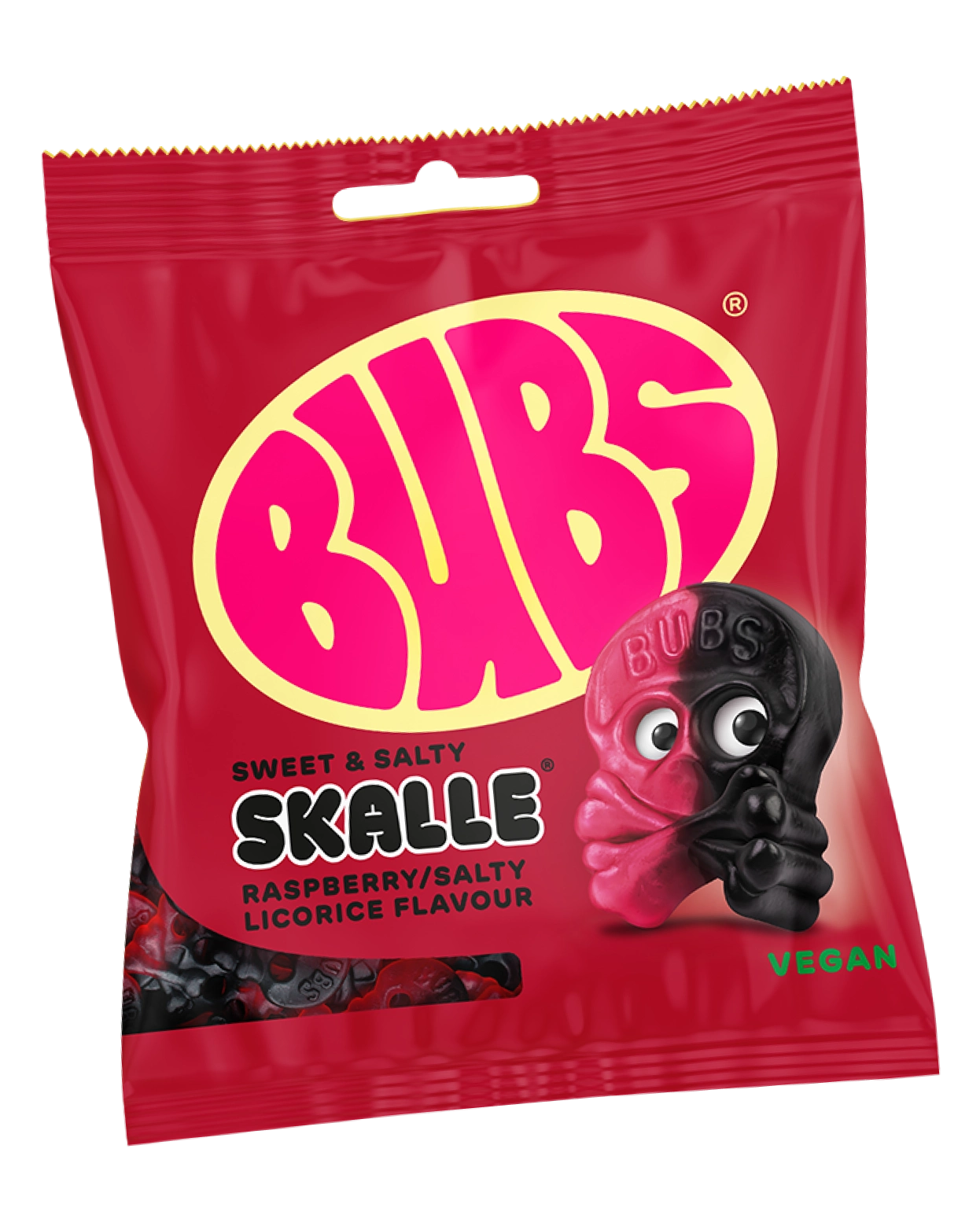 Deep red BUBS candy bag with pink logo, labelled "Sweet & Salty Skalle – Raspberry/Salty Licorice Flavour, Vegan." A skull-shaped candy with googly eyes, half pink and half black, sits to the right.