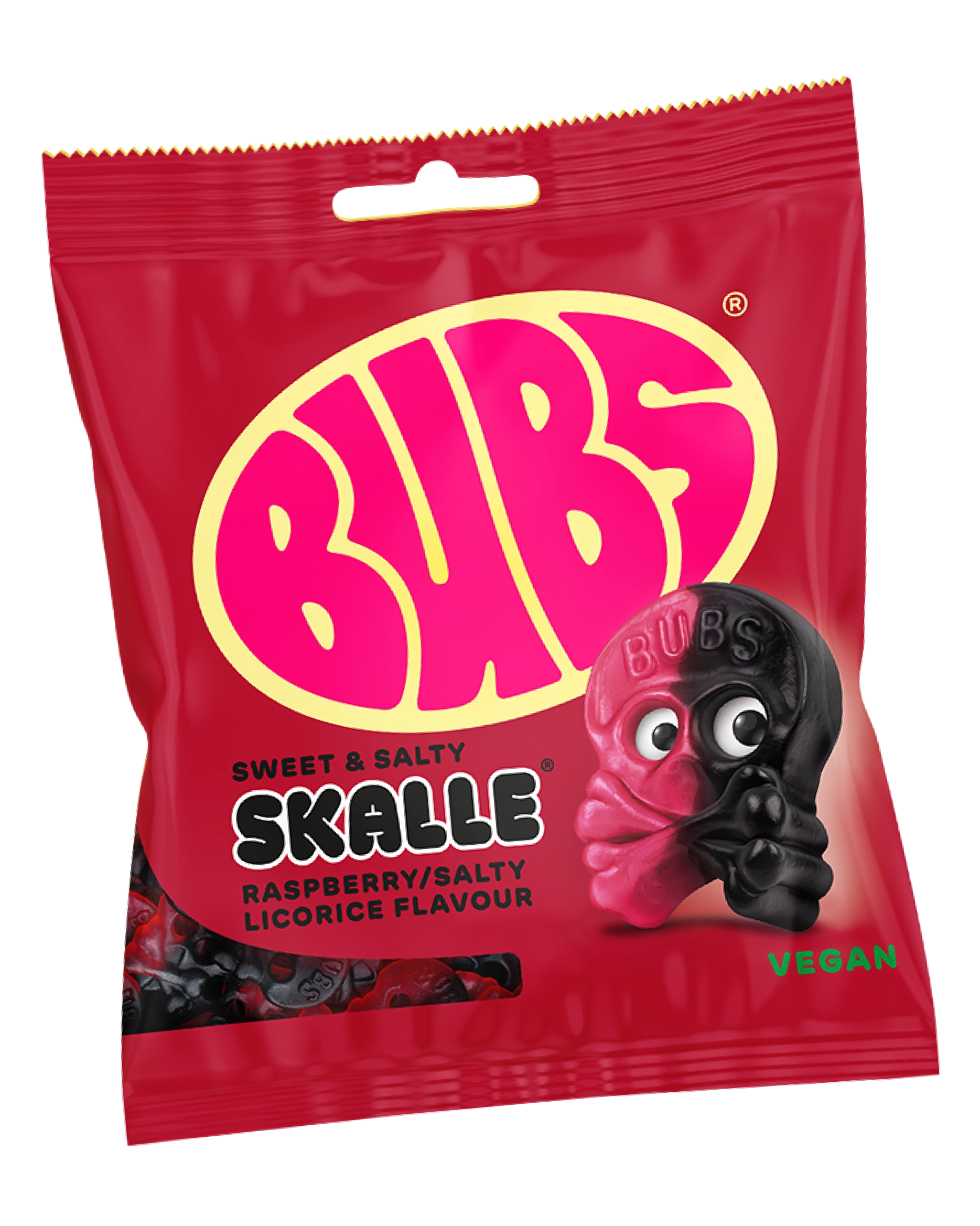 Deep red BUBS candy bag with pink logo, labelled "Sweet & Salty Skalle – Raspberry/Salty Licorice Flavour, Vegan." A skull-shaped candy with googly eyes, half pink and half black, sits to the right.