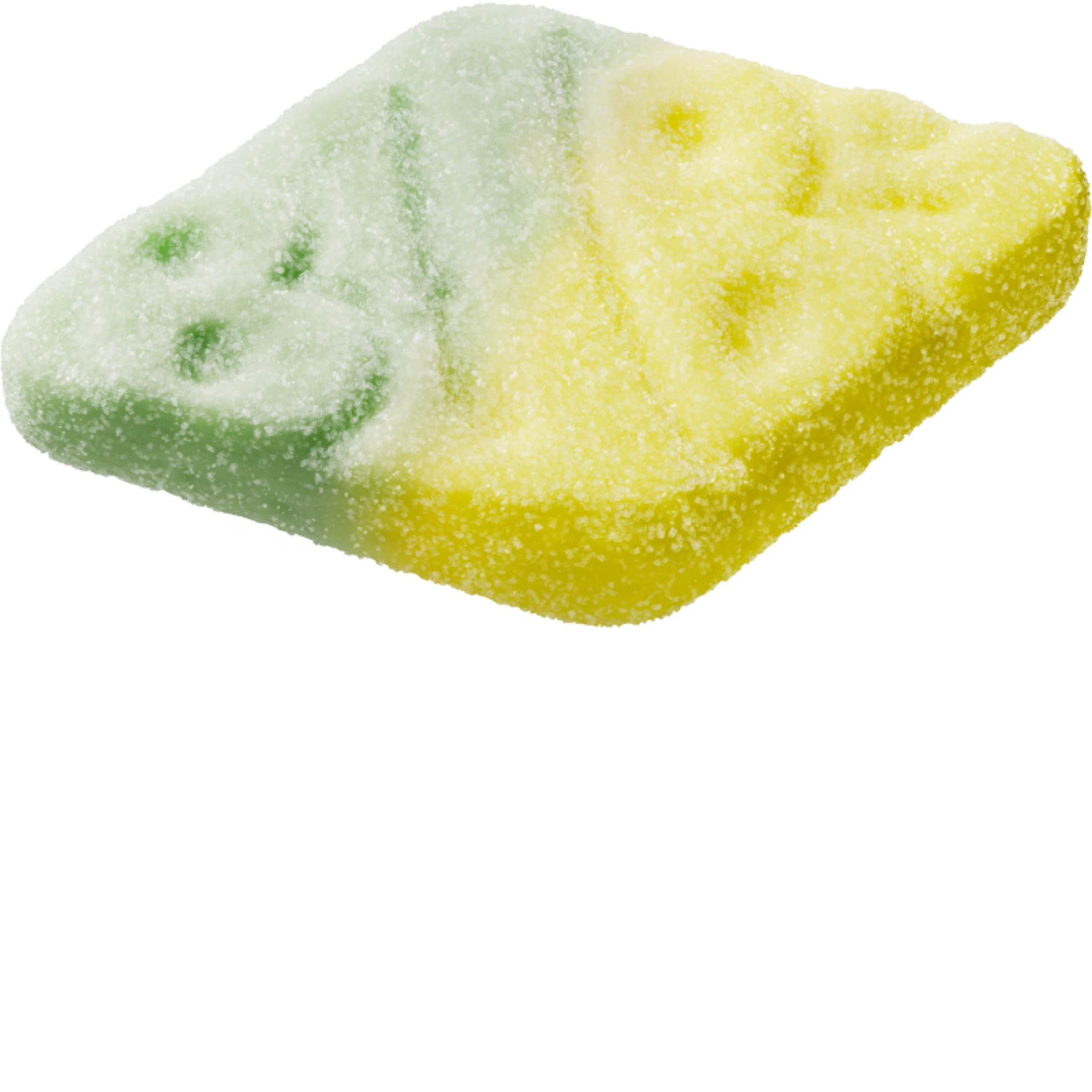 Close-up of a sugar-coated diamond-shaped BUBS candy with an embossed BUBS logo, the left half green and the right half yellow, against a white background.