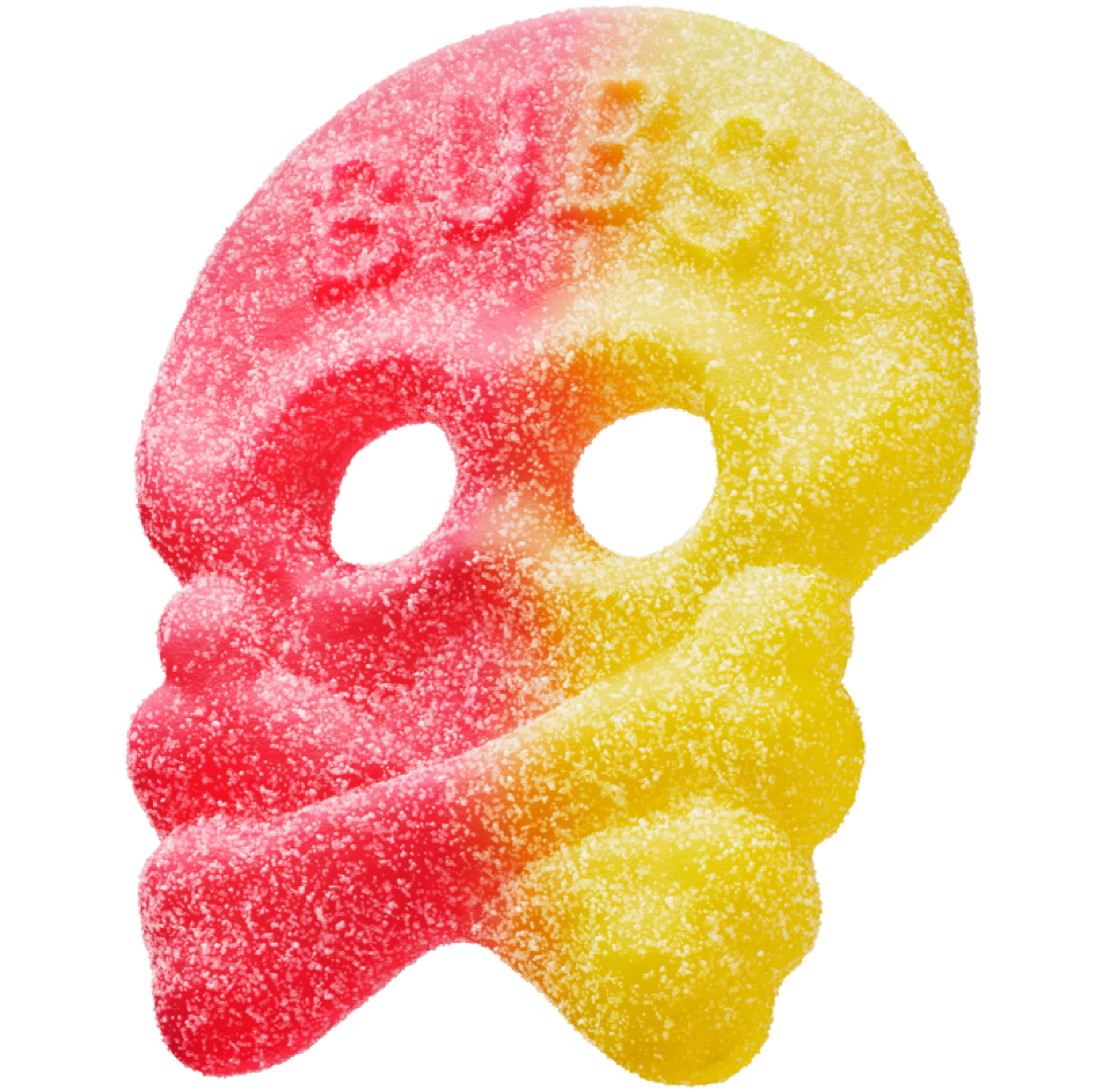 Close-up of a sugar-coated skull-shaped BUBS candy angled to the right, the left half red and the right half yellow, with an embossed BUBS logo across the top, against a white background.