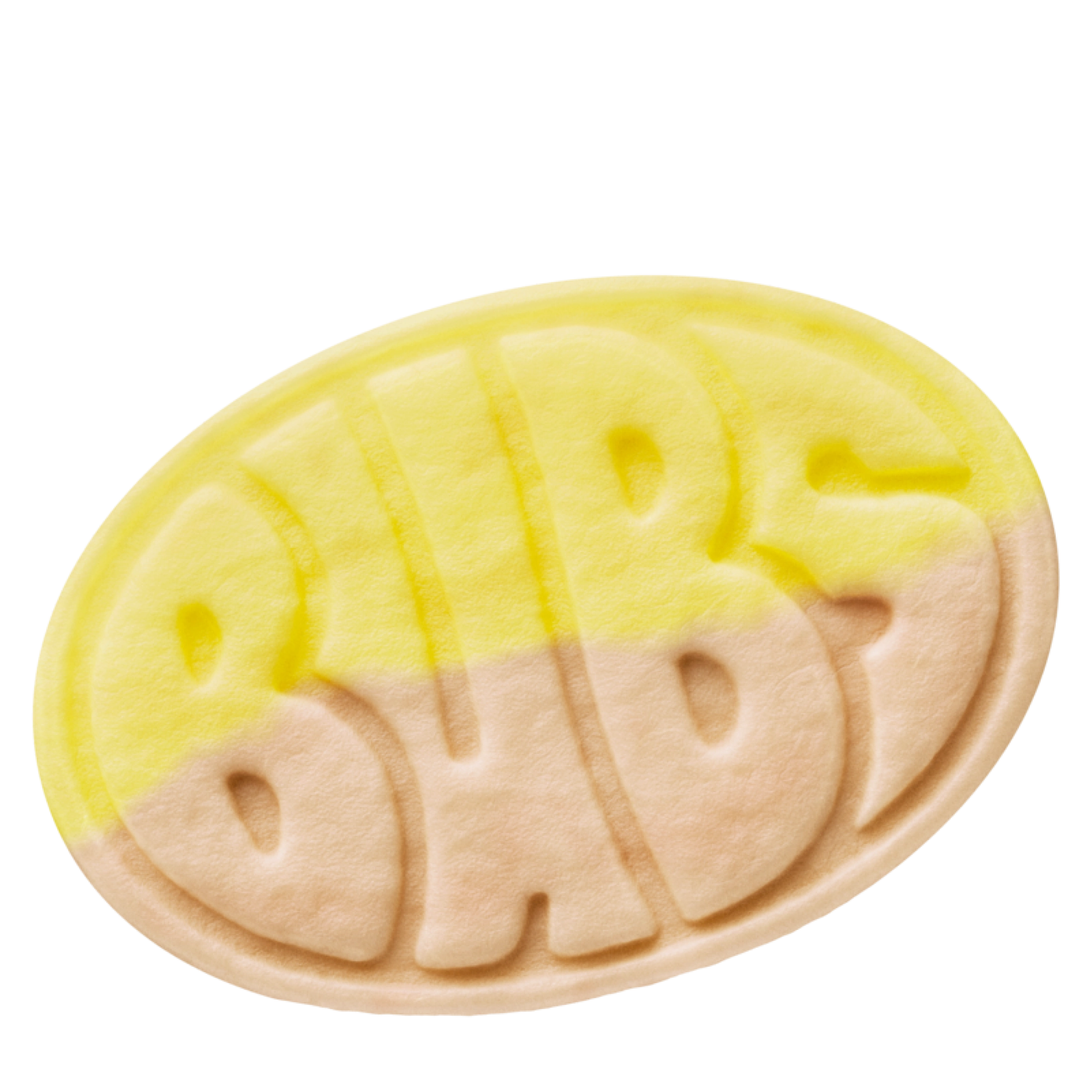 Close-up of an oval BUBS candy with an embossed BUBS logo, angled to the left, the top half yellow and the bottom half pale beige, against a white background.