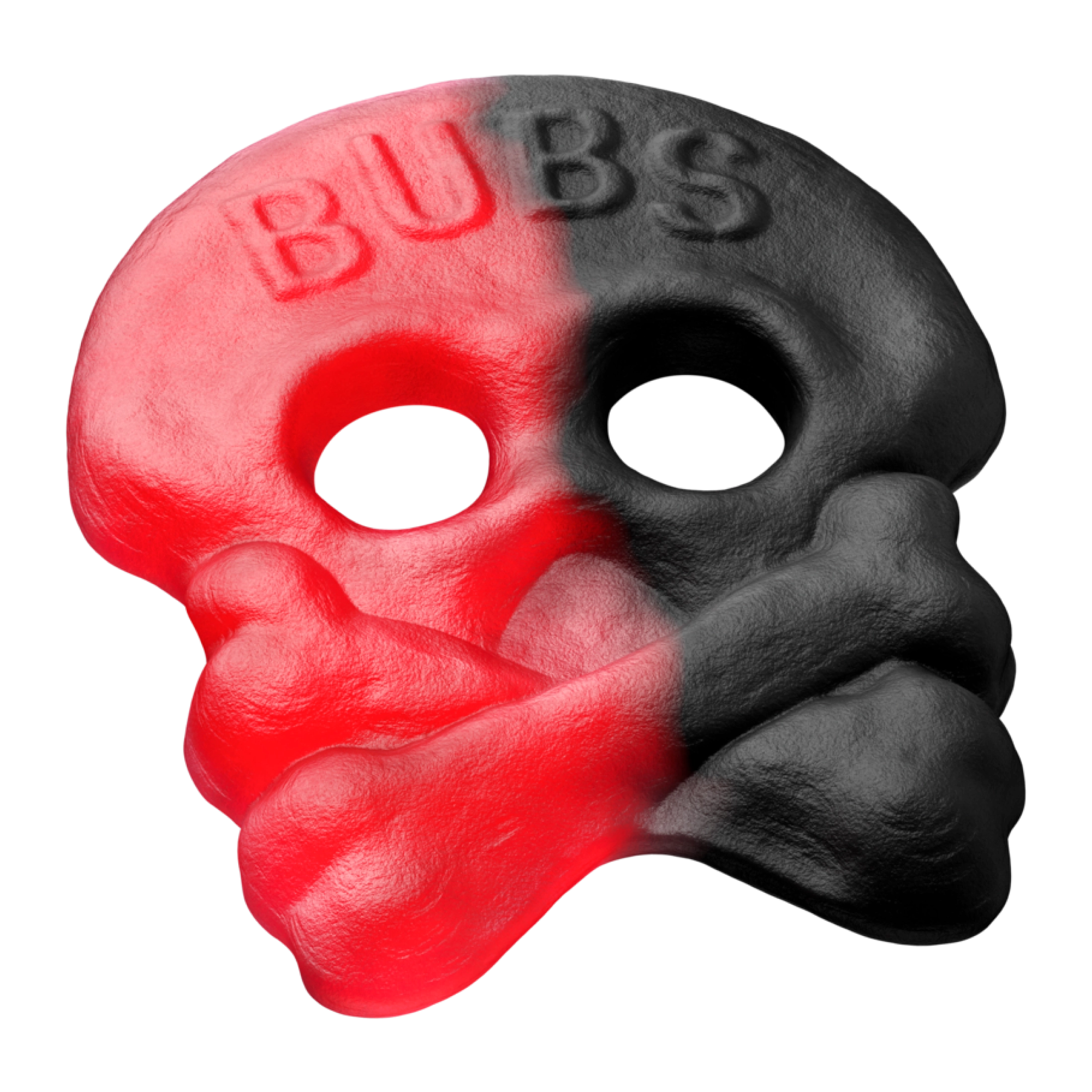 Close-up of a skull-shaped BUBS candy angled to the right, the left half red and the right half black, with an embossed BUBS logo across the top, against a white background.