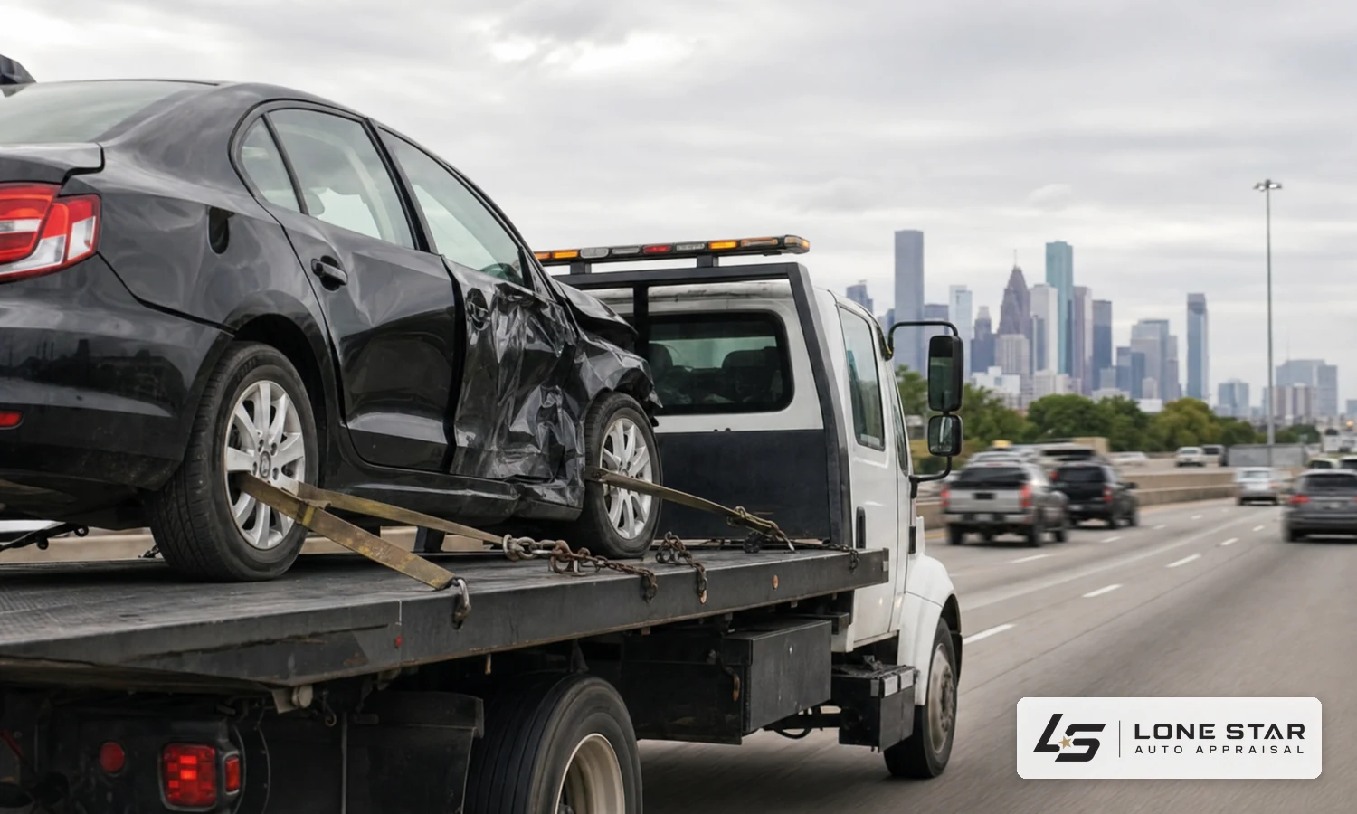 Damaged sedan on a flatbed tow truck heading along a Houston freeway with the downtown skyline in the haze