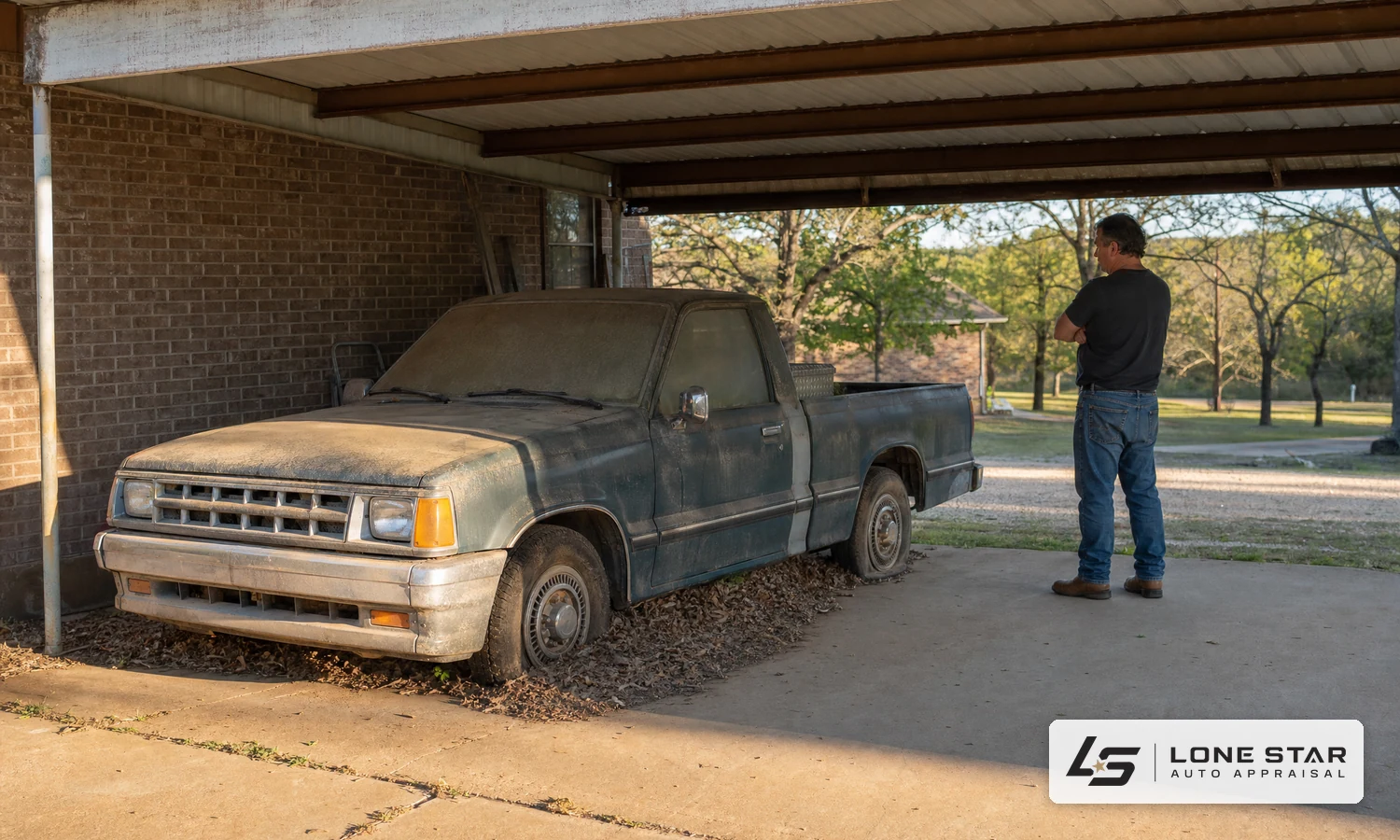Dusty pickup truck sitting unused under a Texas carport, unsellable without a title, as its owner looks it over