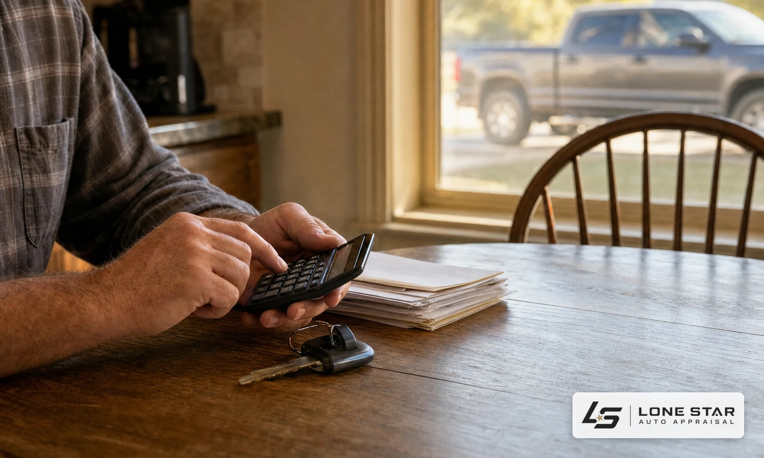 Owner at a kitchen table working out Texas bonded title costs on a calculator beside vehicle paperwork and truck keys