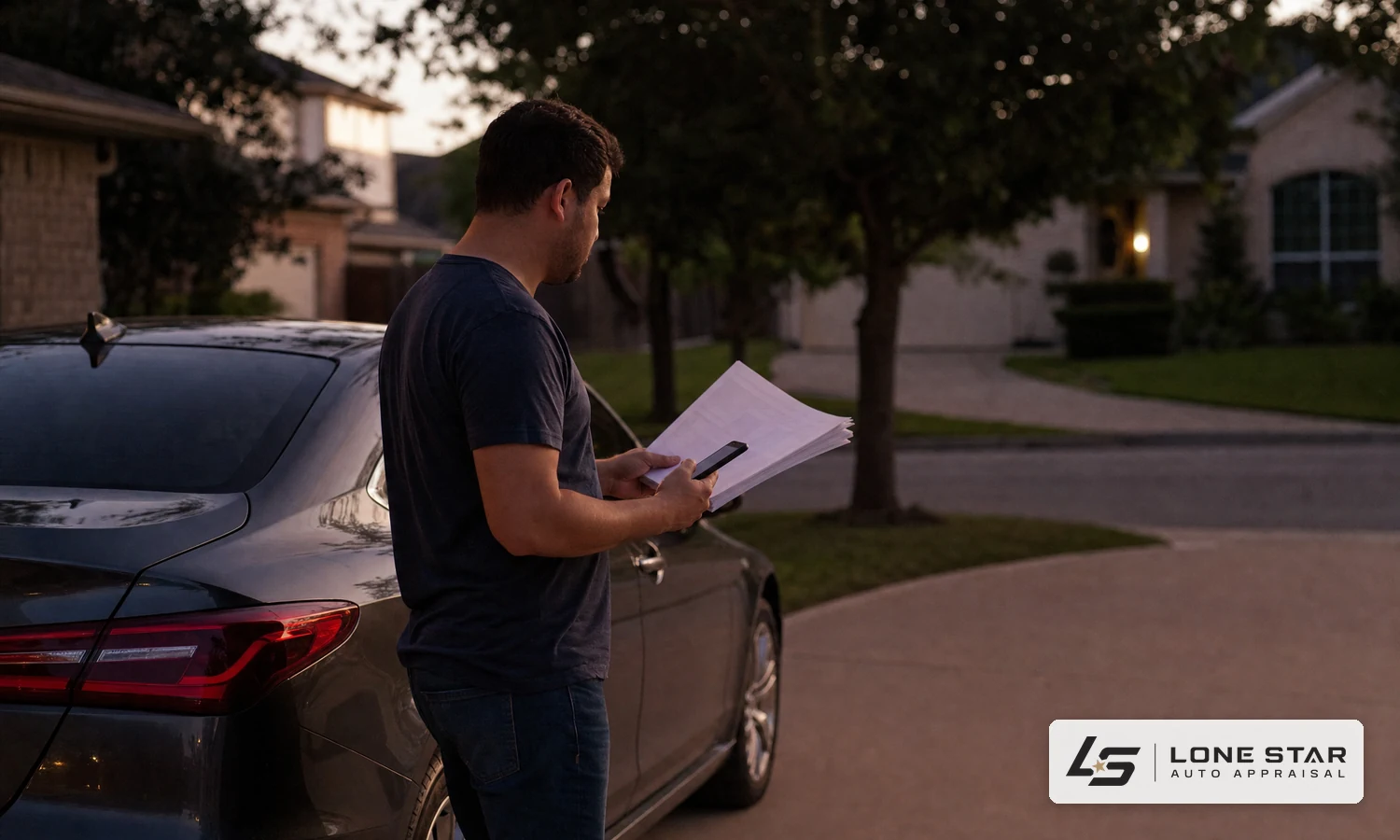 Car owner holding a smartphone in one hand and a printed certified appraisal report in the other beside their vehicle at dusk
