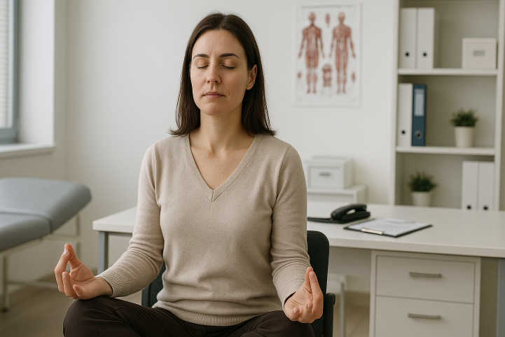 calm woman meditating in a doctor's office