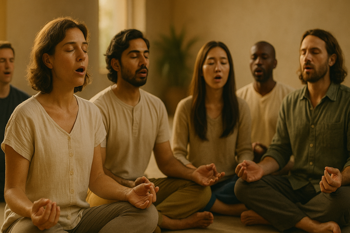 Group-of-people-chanting-Om-together-in-a-serene-setting-radiating-peace-and-positive-energy