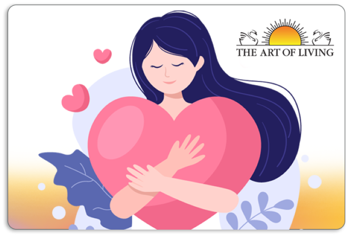 An image of a woman hugging a pink and red heart on an Art of Living gift card.