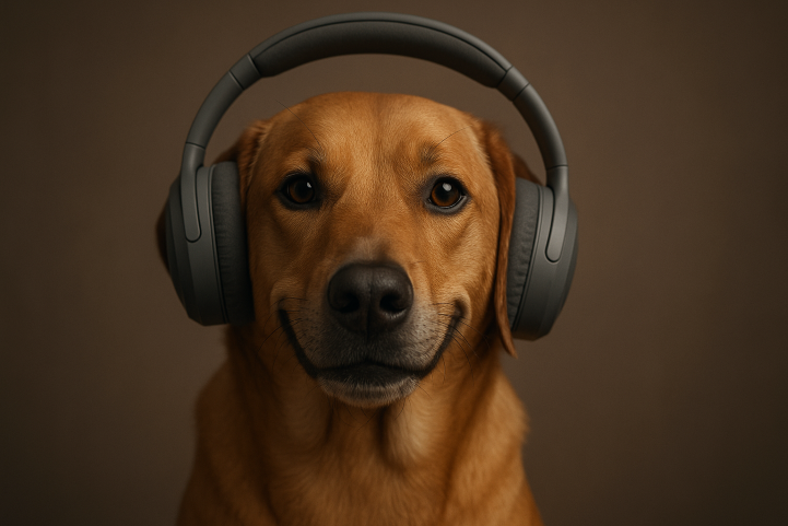 A smiling dog wearing noise-canceling headphones.