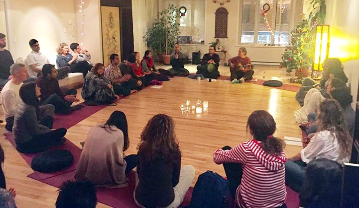 An Art of Living satsang in a beautiful, serene setting.