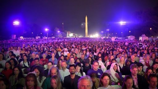 Mass meditation at the Washington Mall for the World Culture Festival in 2023.