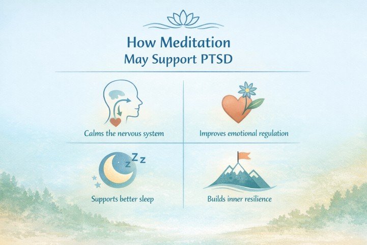 Infographic showing how meditation may support stress regulation and emotional balance.