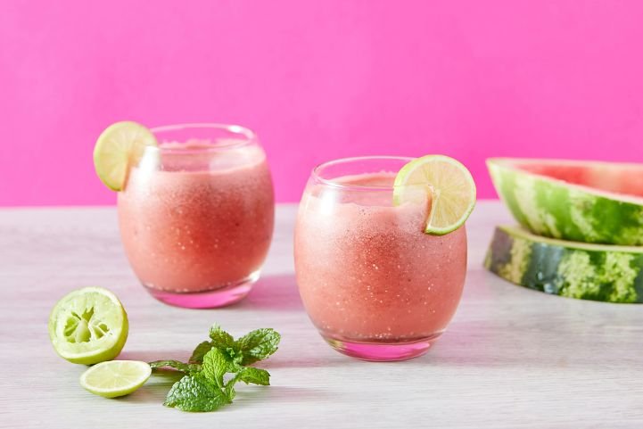 Watermelon, mint, and lime for a minty melon fusion mocktail.
