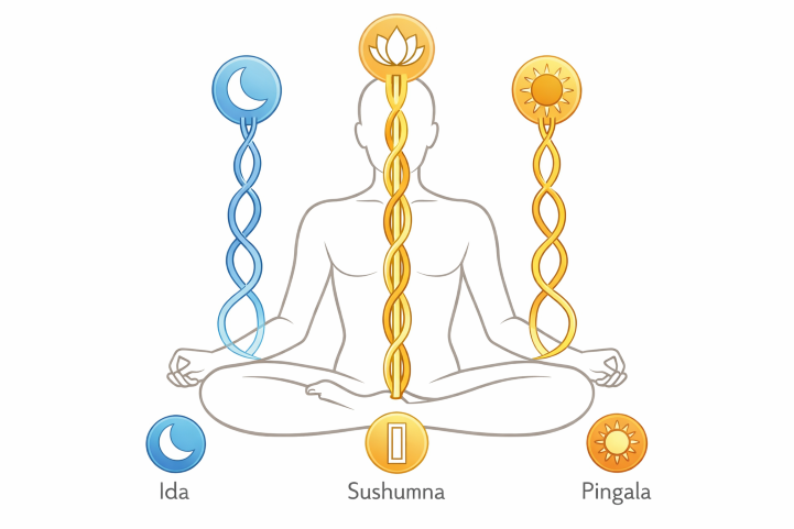 Illustration of three principle nadis and the central channel.