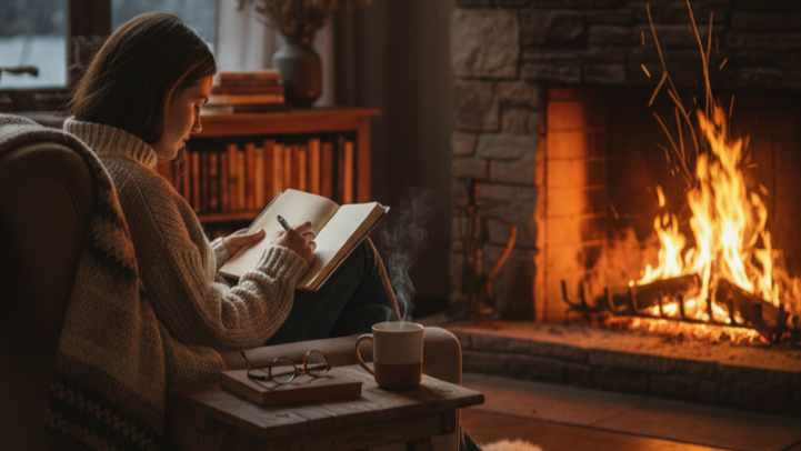 A woman journaling in front of a cozy fireplace.