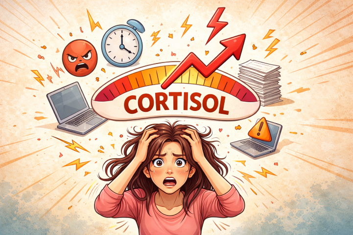 Graphic showing a young woman experiencing elevated cortisol levels.