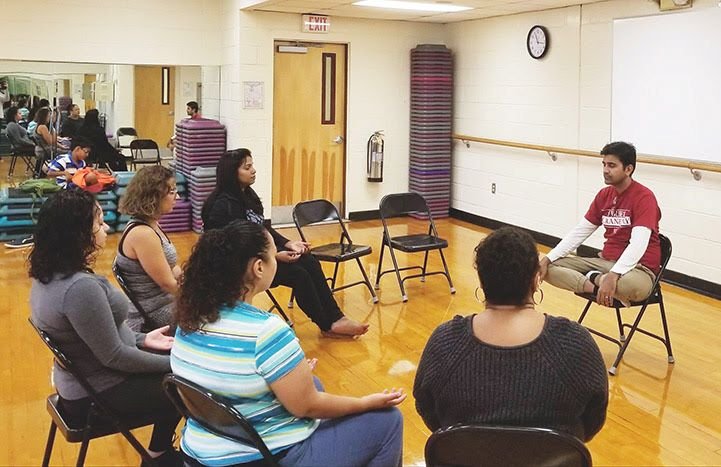 Breathwork and meditation group practice.