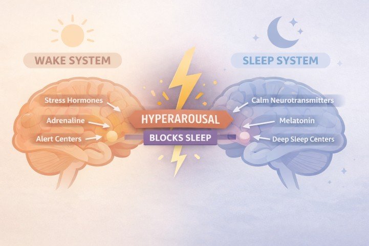 Diagram showing wakefulness and sleep systems in the brain and how hyperarousal disrupts sleep.