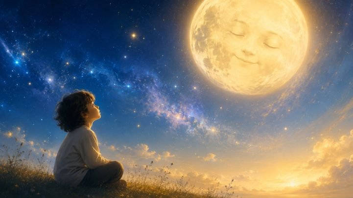 Boy looking up at smiling moon.