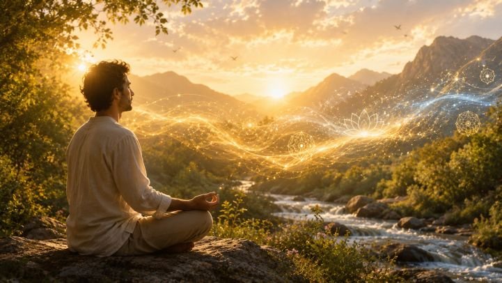 Man meditating outdoors while connecting with absolute intelligence.