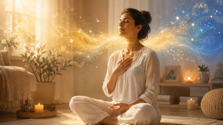 Woman using breathwork while connecting with absolute intelligence.