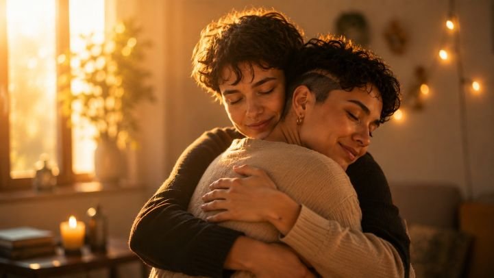 Two humans share a hug.