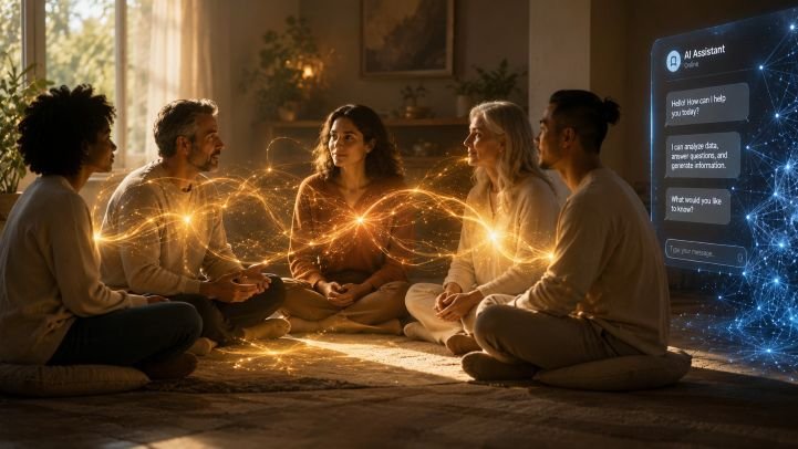 A large digital screen with an AI chat next to a circle of friends sitting silently, feeling connected.