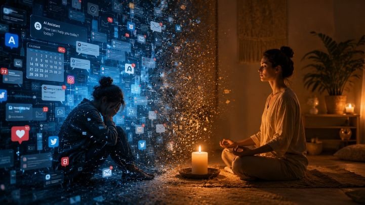 On the left, one woman sits in front of digital noise images, looking dispirited, while another sits in front of a candle, content in meditation.