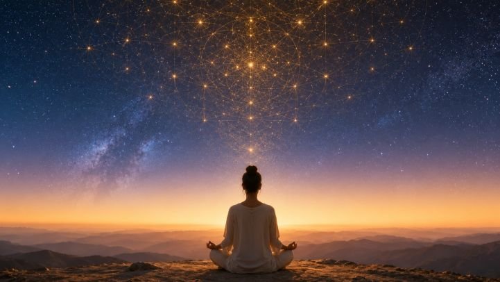 A woman meditating, facing the sunrise, with glowing geometric energy above her head.