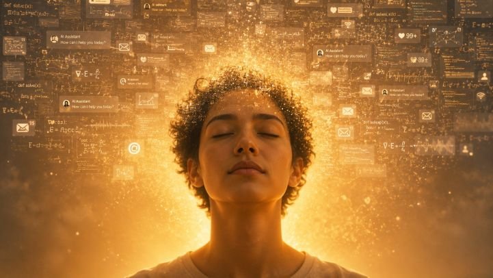A young woman glowing, calm in front of AI chat messages.