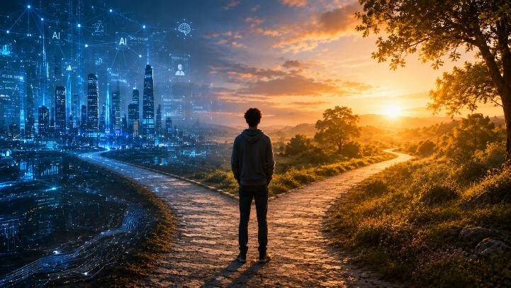 Young man at a fork in the road, with one side a city filled with AI and tech symbols, and the other side filled with a golden sun setting over a mountain.