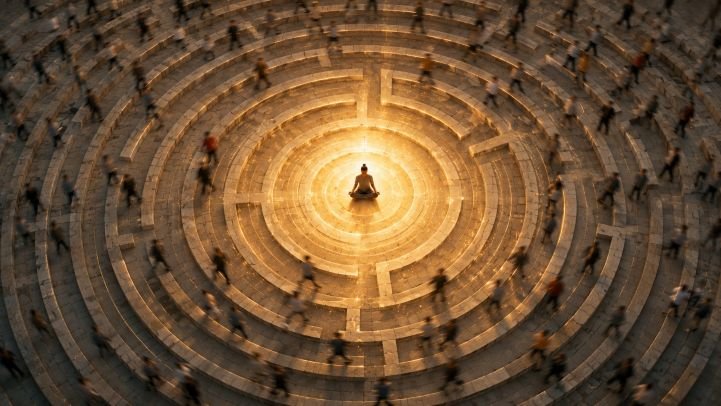 A person sitting at the center of a labyrinth radiating light while surrounded by people hurrying in all directions.