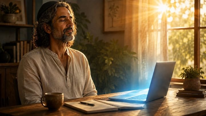 Person pauses to meditate before using AI, symbolizing mindful, conscious use of AI.