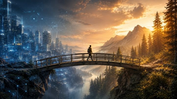 A person walks in the middle of a bridge between the high-tech world and the natural world, symbolizing discernment.